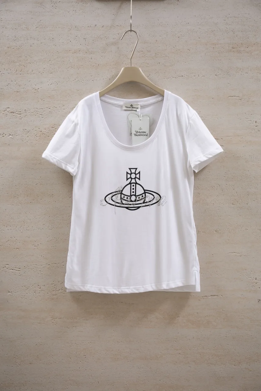 vivienne west wood Queen Mother West U-neck Hot Diamond Saturn Logo Big T Short Sleeves 220g 32 Count High Density Double Yarn Pure Cotton Size: XS-L Color: White Black